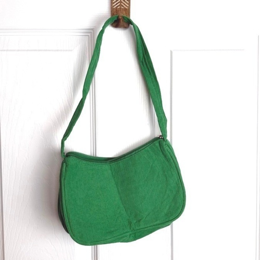 Corduroy Baguette Shoulder Bag Green Retro Zip Purse Y2K Indie Minimalist Boho - Picture 2 of 7